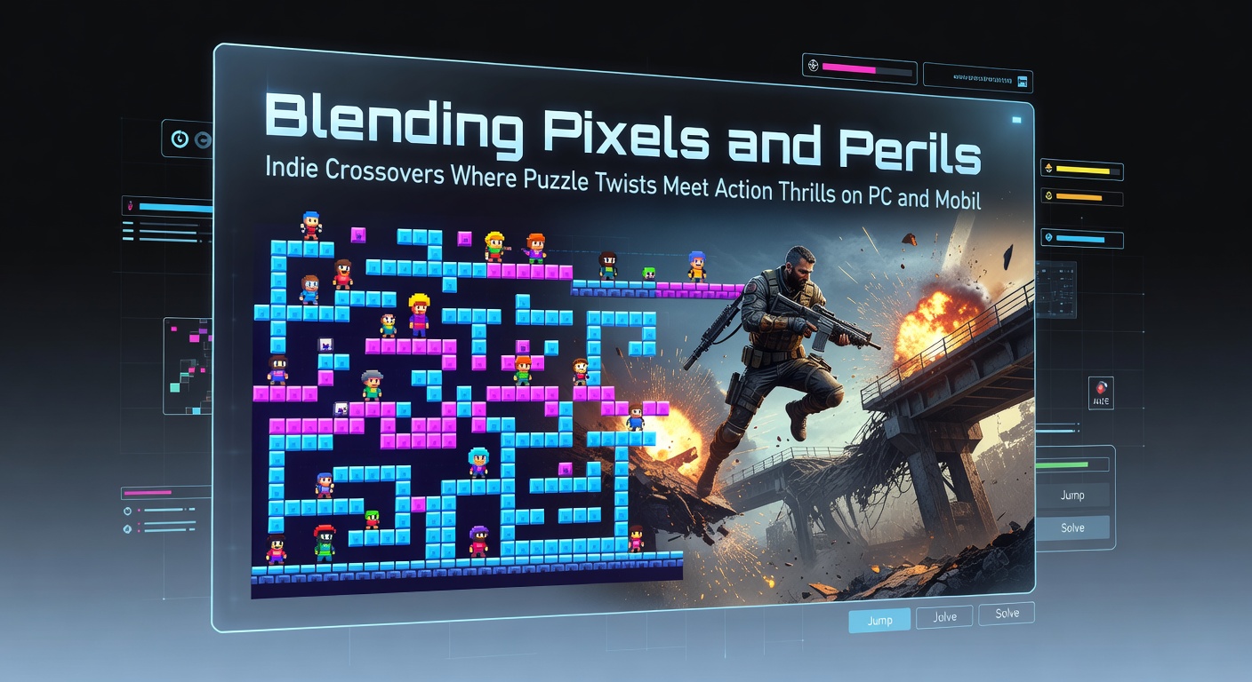Dynamic scene from an indie puzzle-action game featuring explosive action sequences intertwined with clever block-pushing puzzles on a mobile-optimized interface