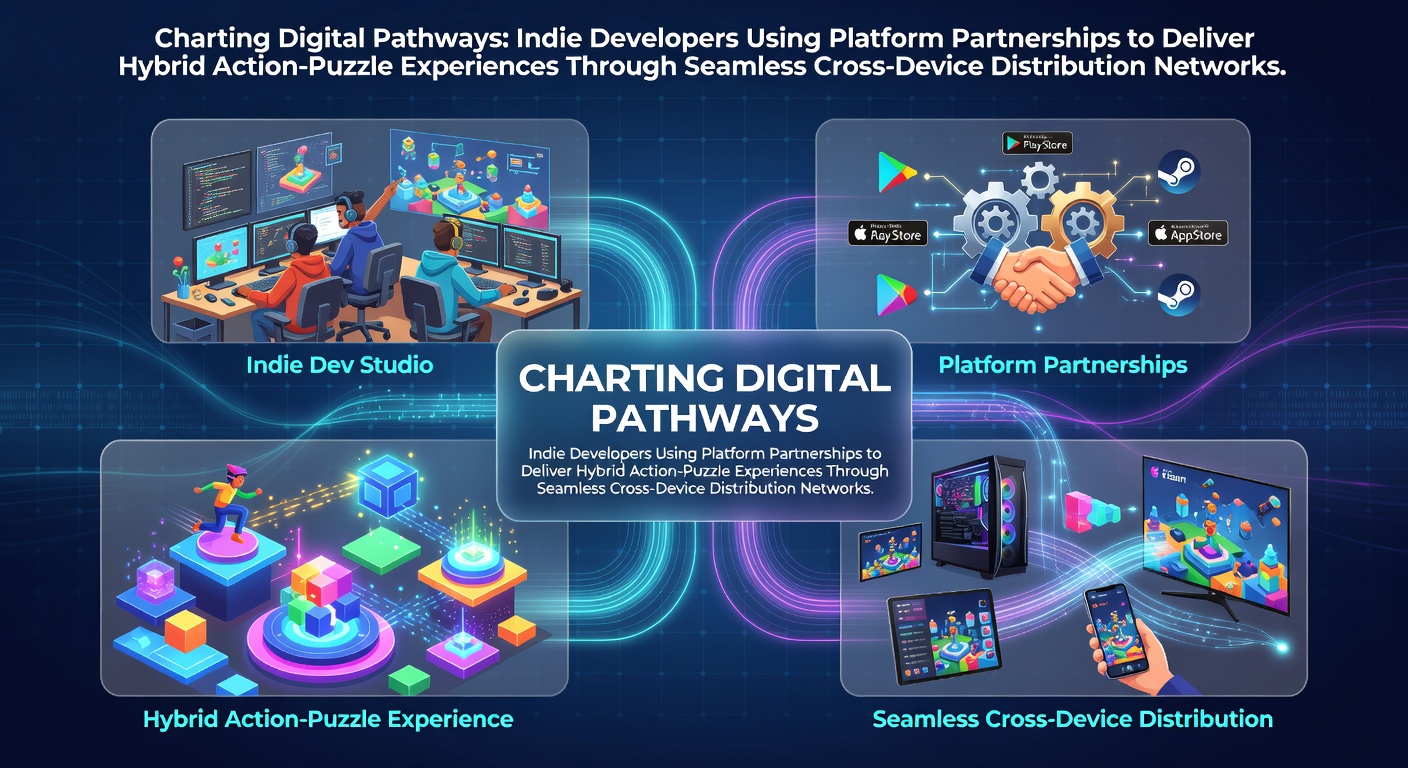 Indie developers collaborating through platform partnerships to enable cross-device hybrid action-puzzle game distribution
