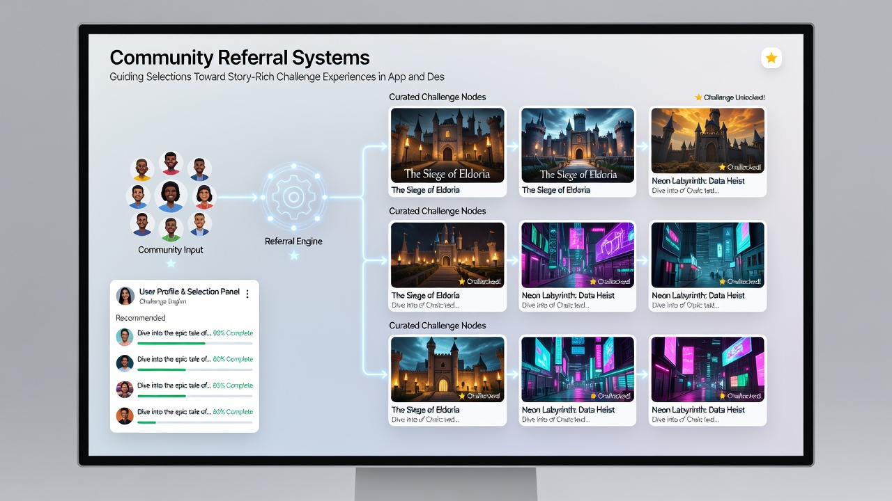 Users engaging with referral links for narrative-driven challenge games on desktop and mobile