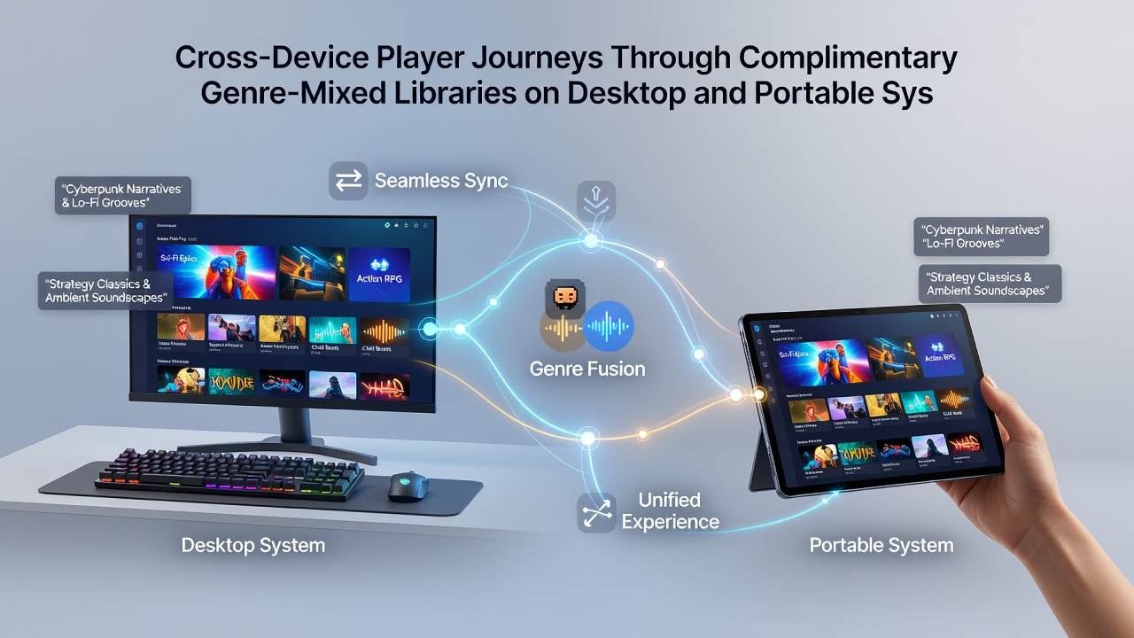 Diagram of genre-mixed game libraries accessible on both desktop PCs and portable mobile devices