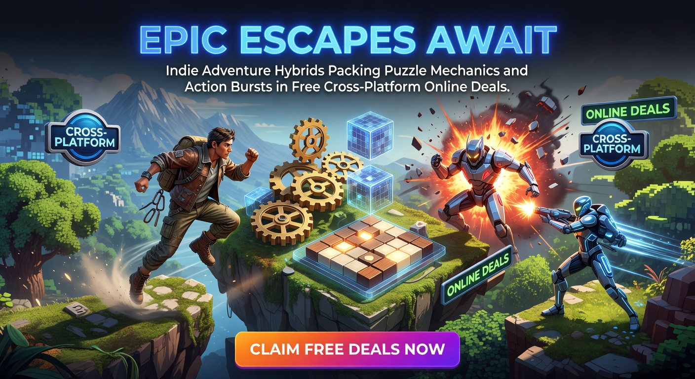 Vibrant screenshot of an indie adventure game featuring a character navigating puzzle platforms amid explosive action sequences