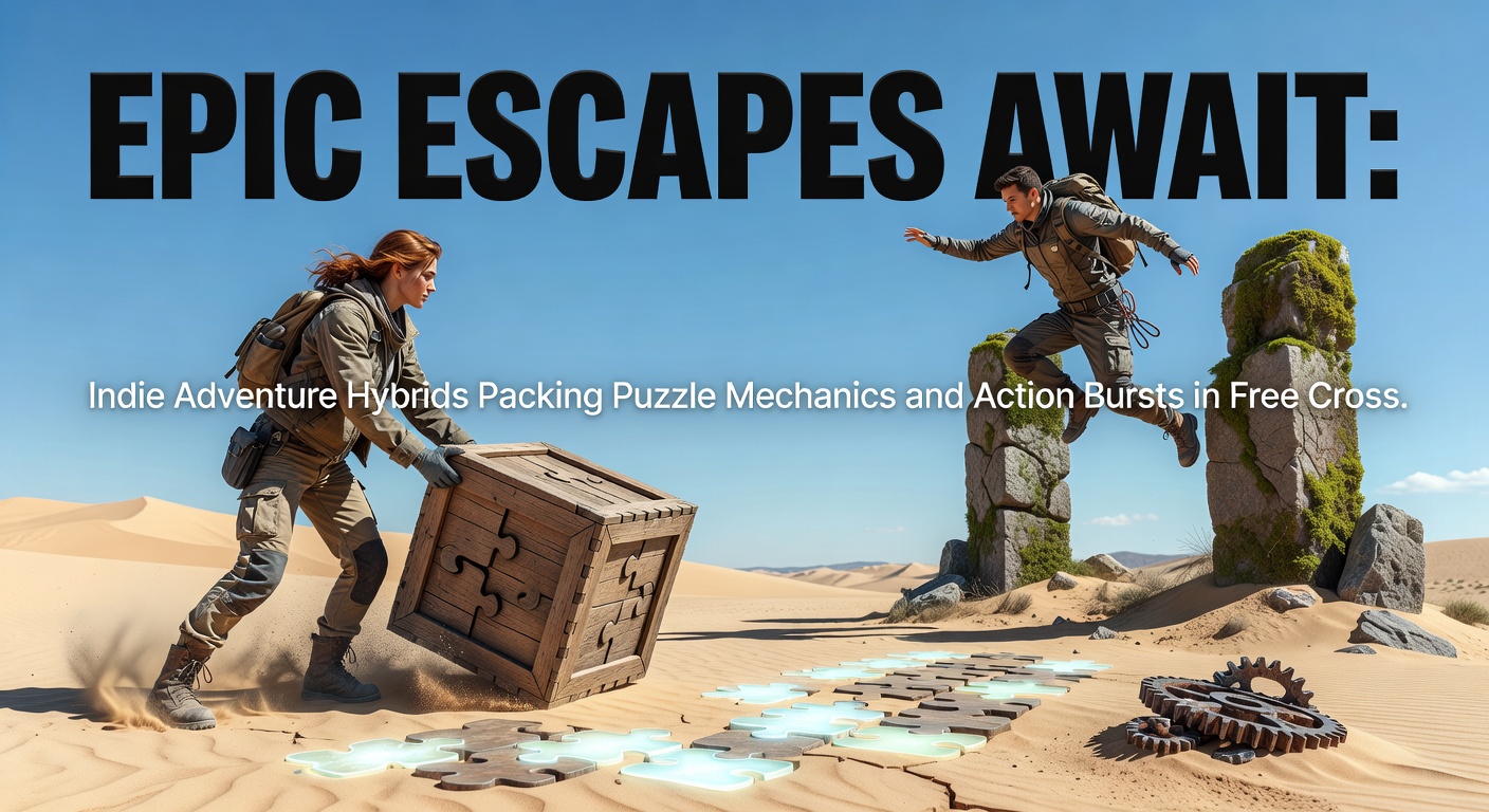 Dynamic scene from a cross-platform indie hybrid showing puzzle-solving transitioning to intense action combat on mobile and PC