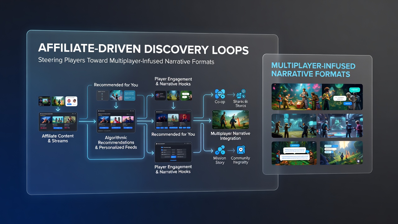 Diagram showing data flows from player referrals to algorithm updates favoring narrative multiplayer titles on PC and smartphone