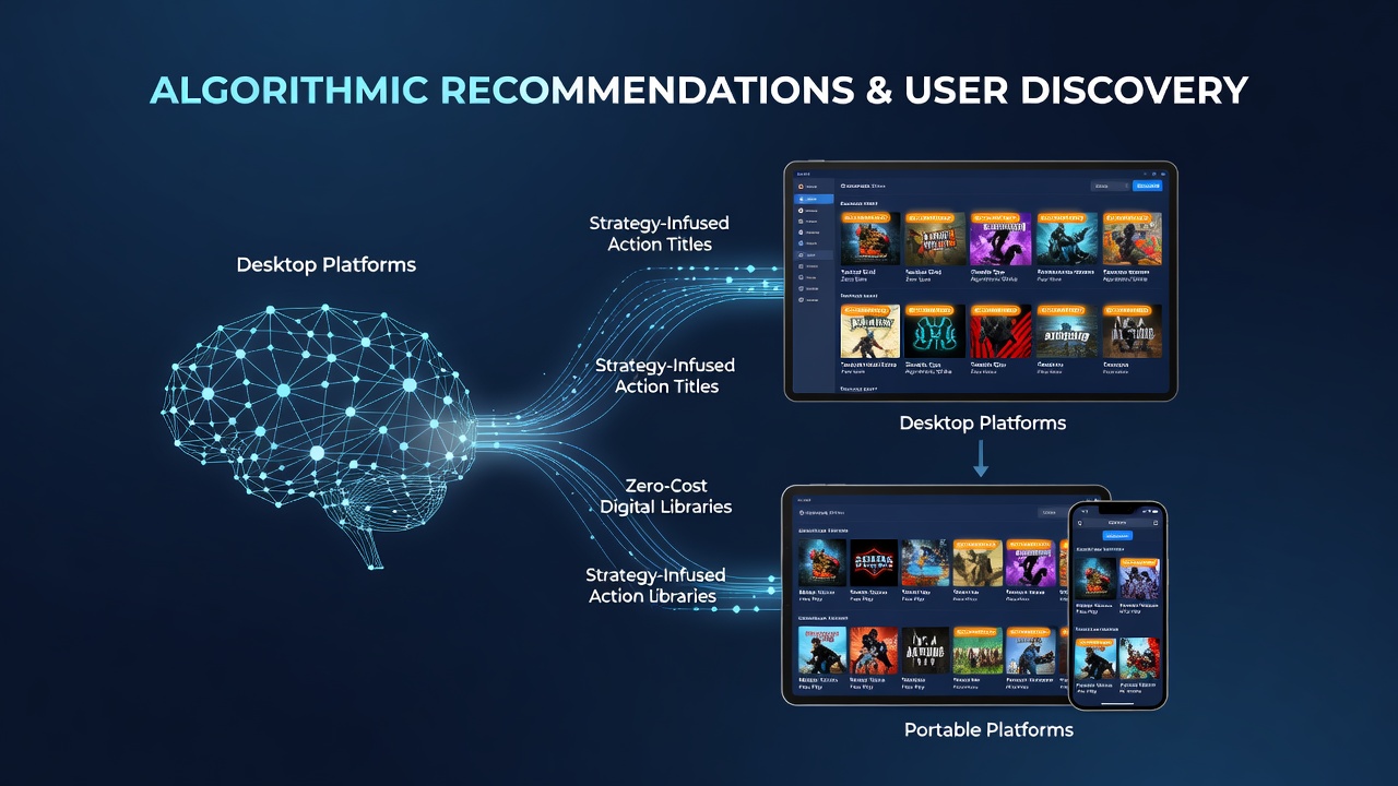 Users browsing algorithmic recommendations for strategy-infused action games on desktop and mobile free libraries