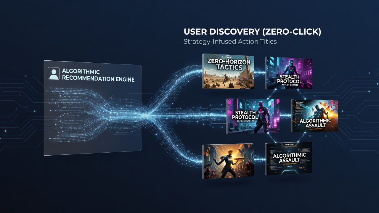 Algorithmic recommendation interfaces displaying strategy-infused action titles across desktop and mobile free game libraries