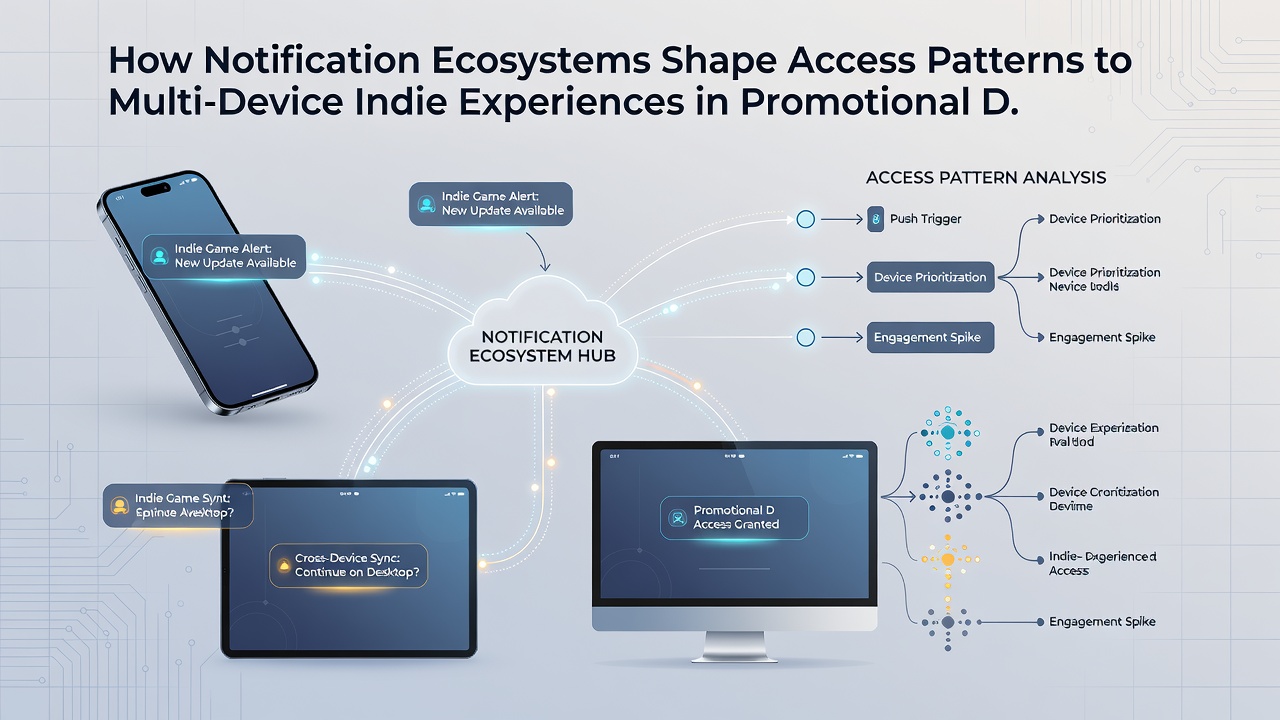 Diagram showing notification flow between smartphone, tablet, and desktop interfaces in a promotional setting
