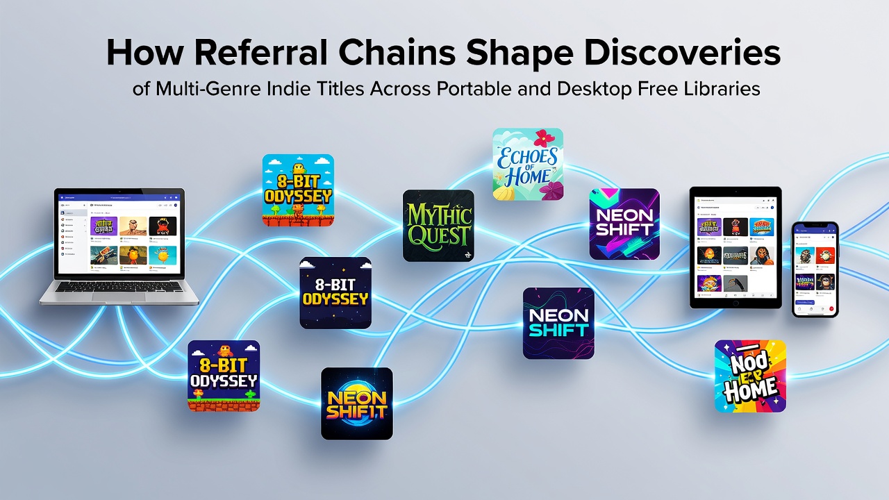 Users sharing indie game recommendations across mobile and desktop platforms through referral chains in free digital libraries