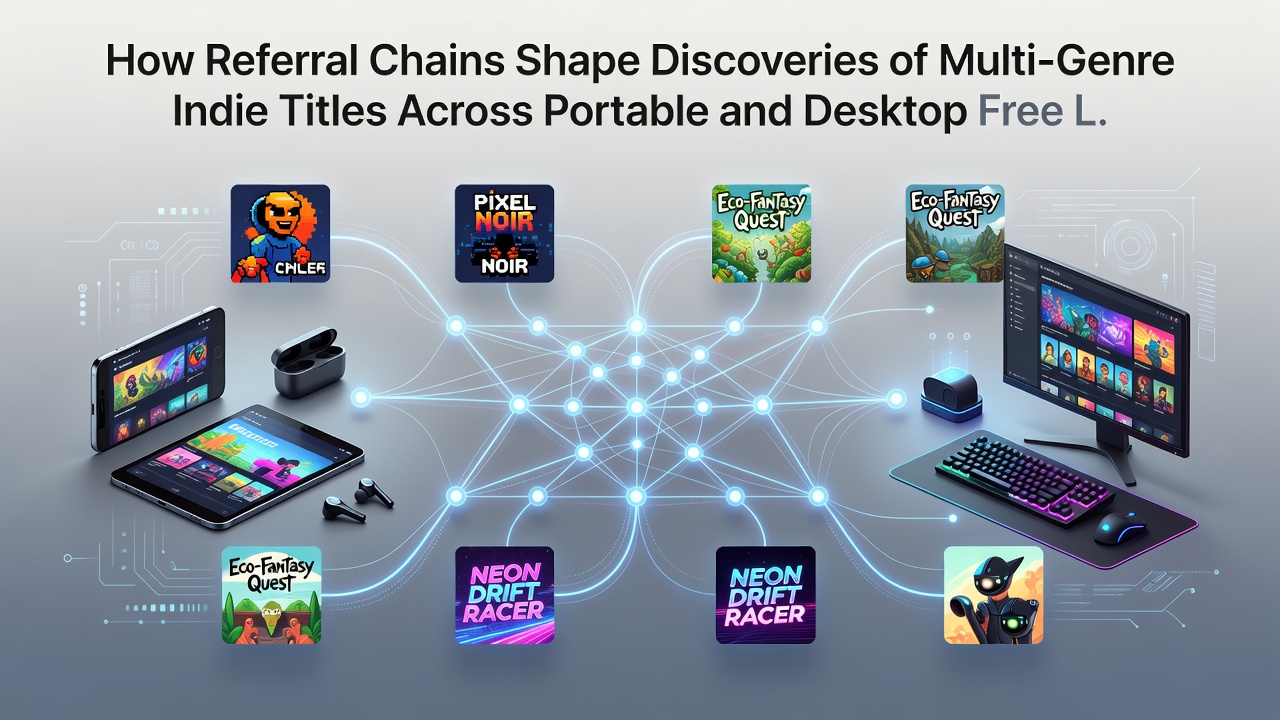Cross-platform referral activity connecting users to indie multi-genre games in free desktop and mobile libraries