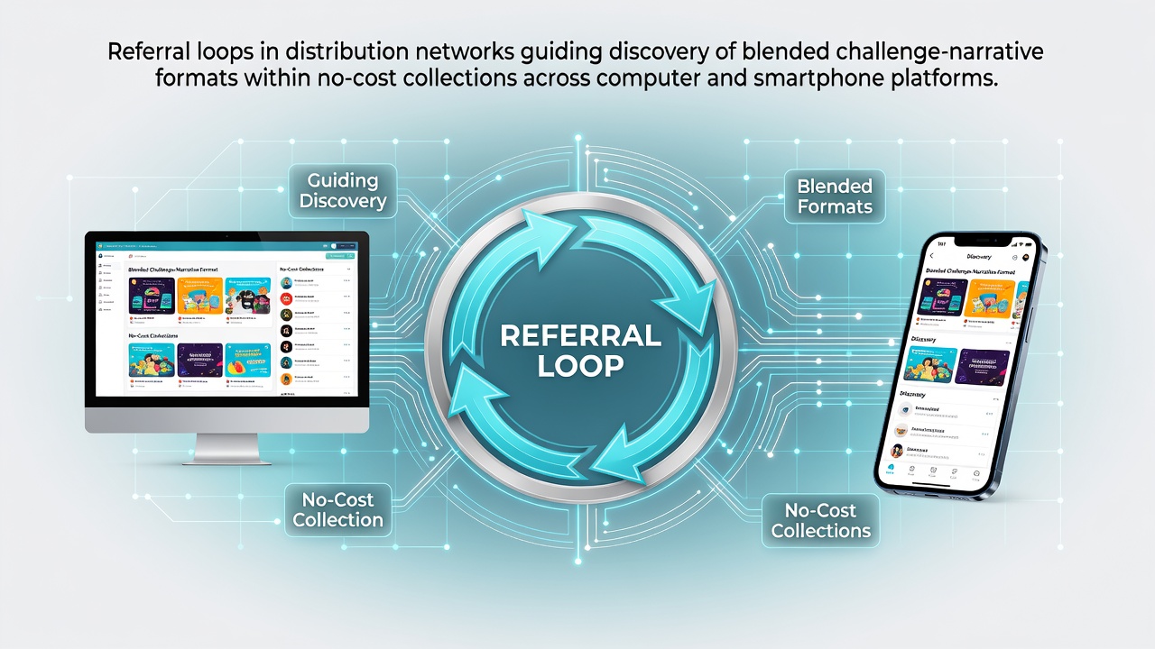 Illustration of referral loops connecting users across PC and mobile platforms to free hybrid game collections
