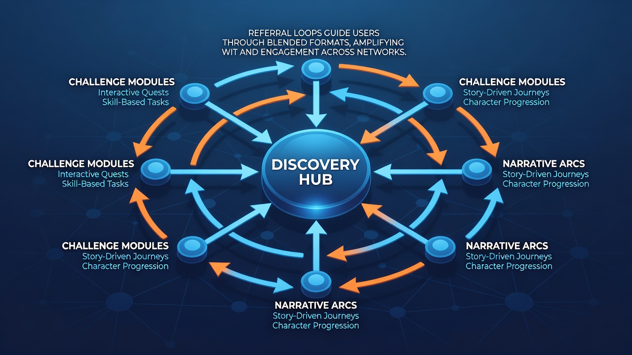 Diagram showing user referral pathways between desktop and mobile free game libraries
