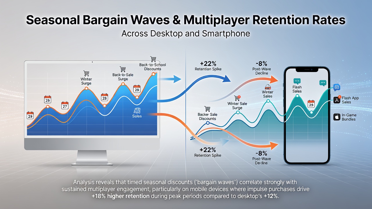 Charts illustrating player retention trends over multiple weeks following seasonal sales events on mobile and desktop