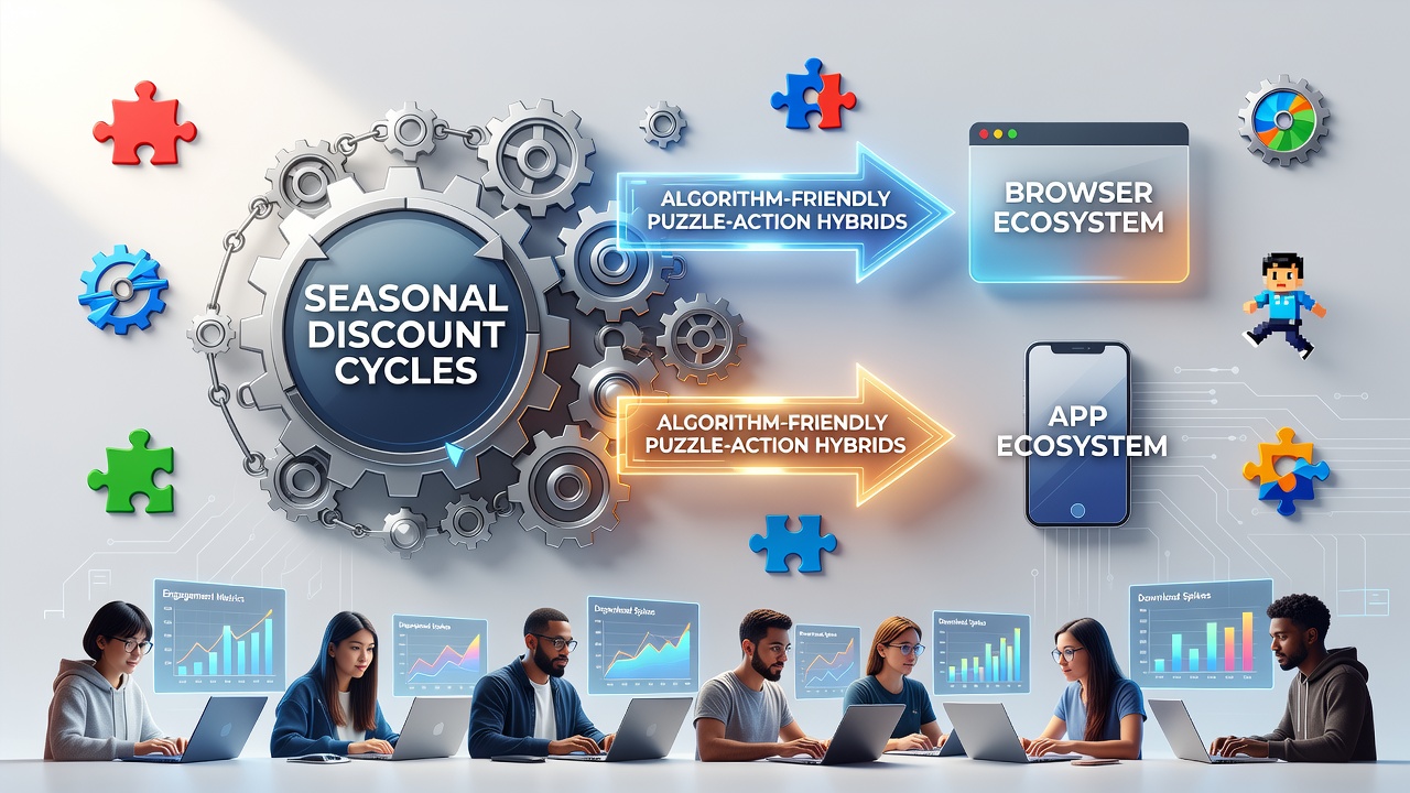 Indie developers reviewing analytics dashboards during seasonal sales periods in browser and mobile app stores
