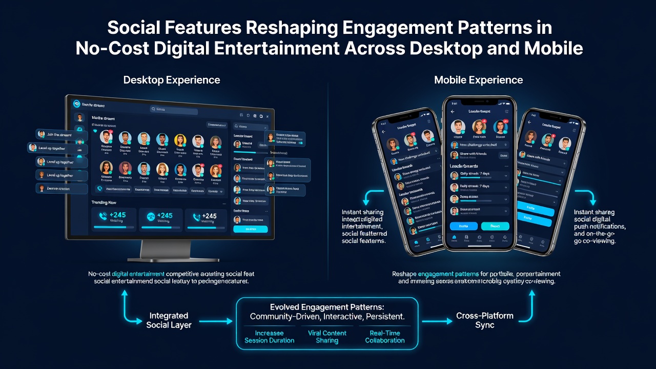 Users engaging through social features in free-to-play games on desktop and mobile setups