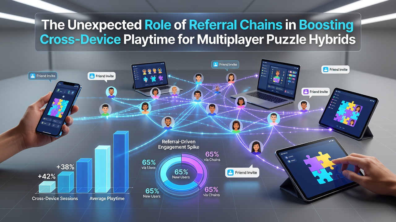 Data visualization of referral chain impact on cross-device playtime in multiplayer puzzle games