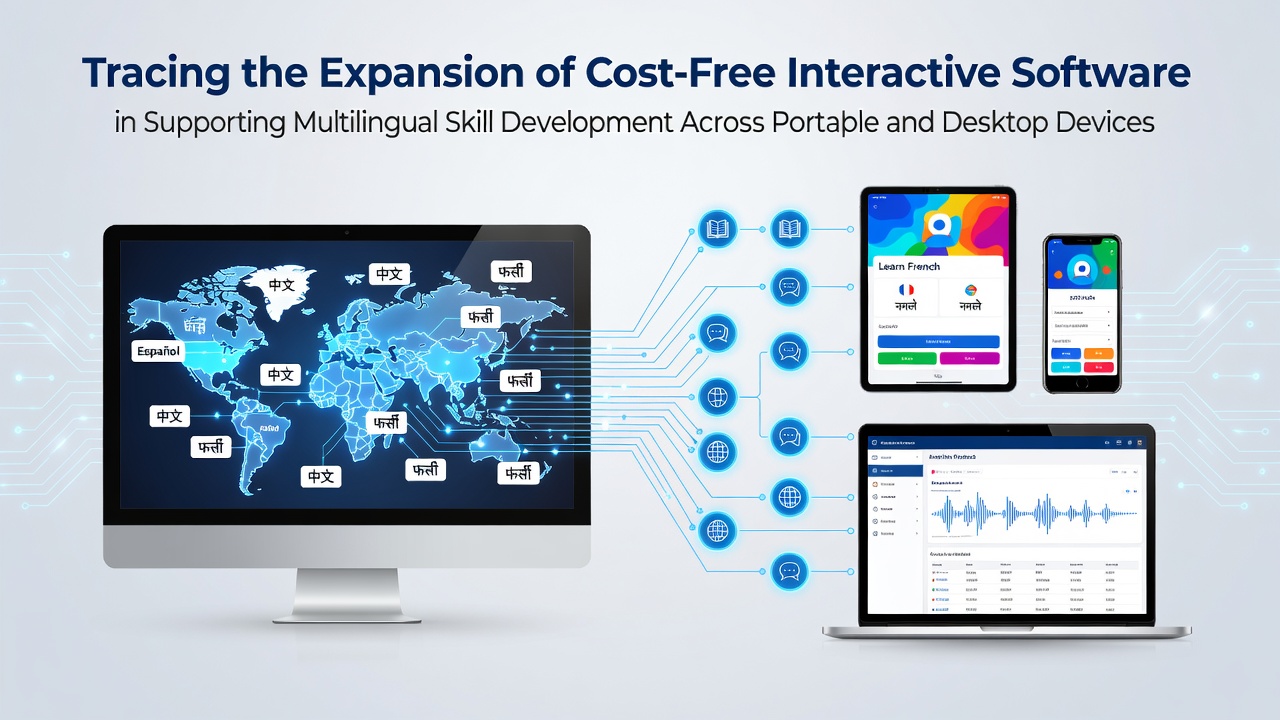 Cross-platform language learning interfaces displayed on both a smartphone and a desktop monitor, highlighting interactive exercises and progress tracking features