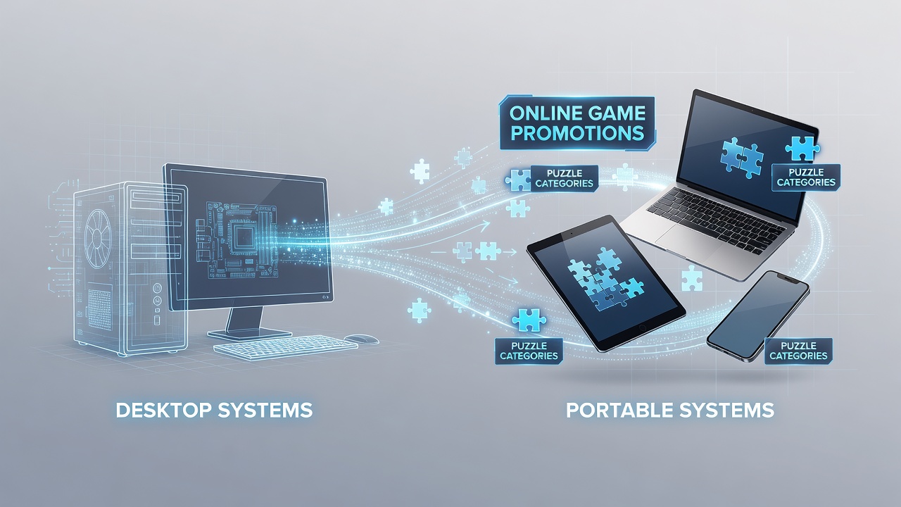 Illustration showing users switching between desktop computers and portable devices while engaging with puzzle game promotions